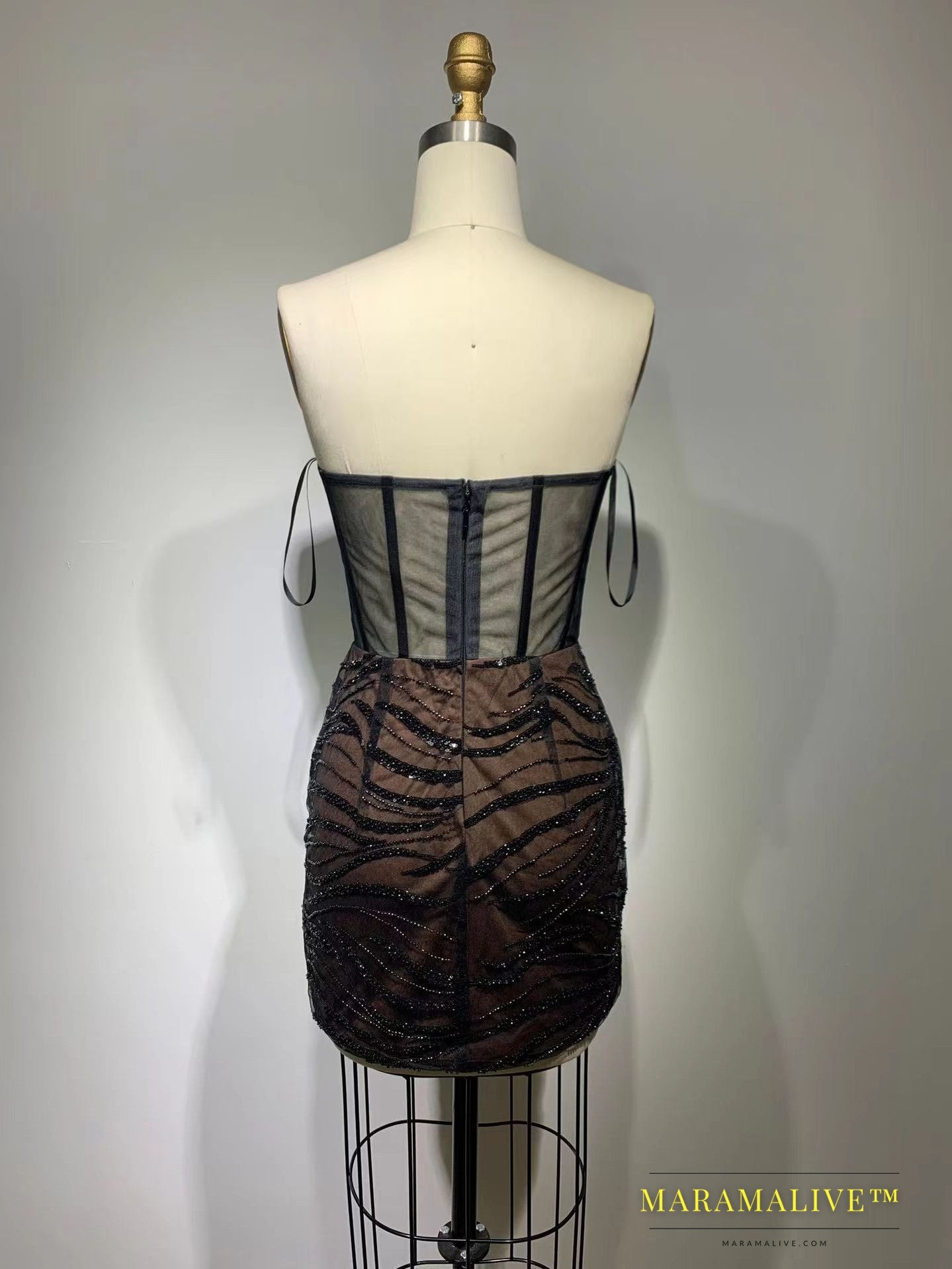 Sexy Black Tube Top Off-shoulder Slimming Diamond-studded Fishbone Dress