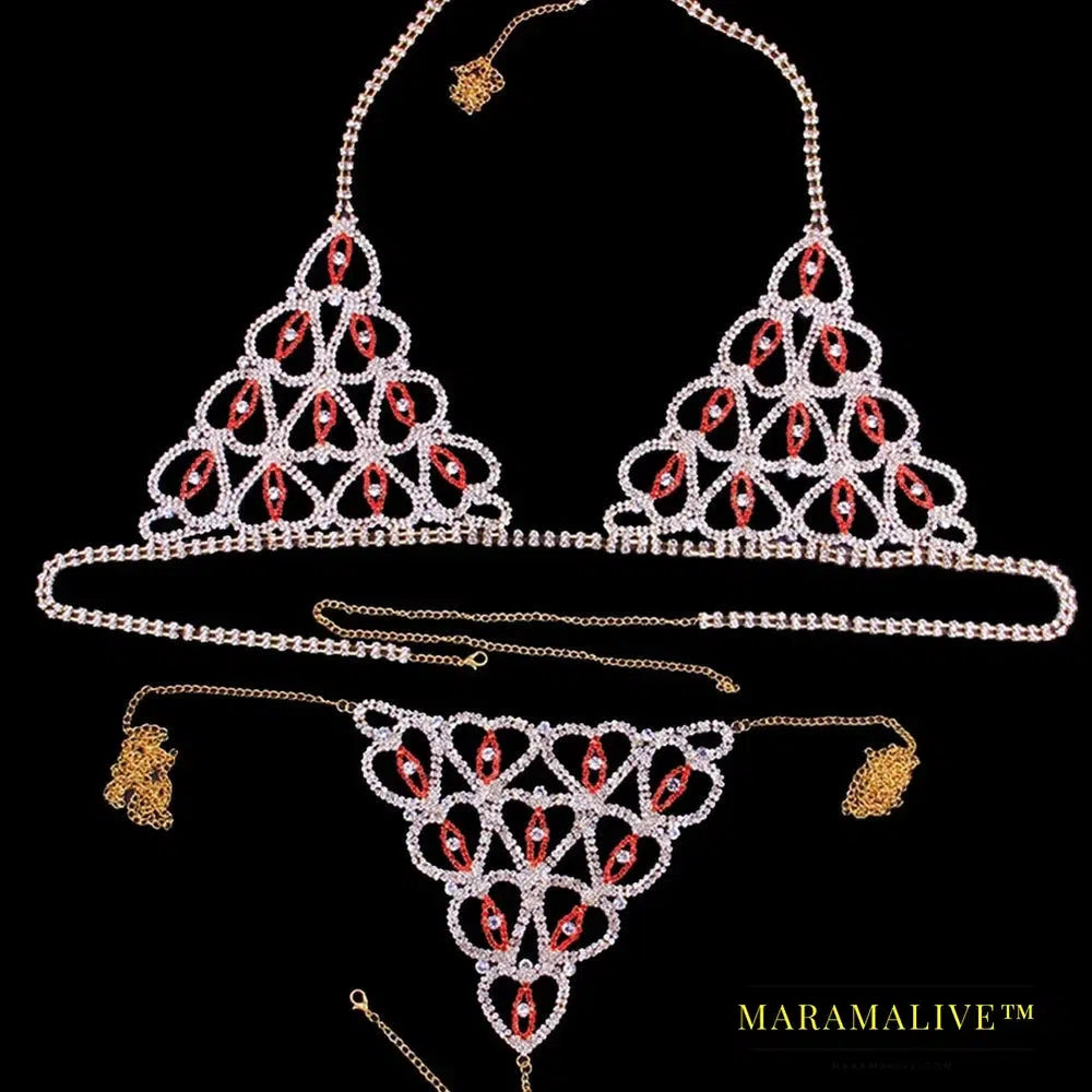 Sexy Body Chain Heart Rhinestone Heart Bikini Jewelry Lingerie Set Luxury Bling Bra and Thong Crystal Body Harness