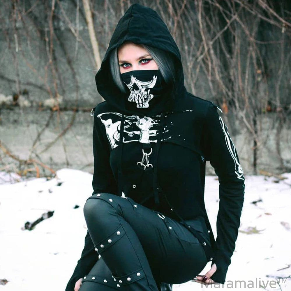 Sexy Chic Skull Mask Crop Top Women Gothic Black Hoodie Dark Festival Goth Clothes Long Sleeve Shirt Graphic Sweatshirt Pull Y2K