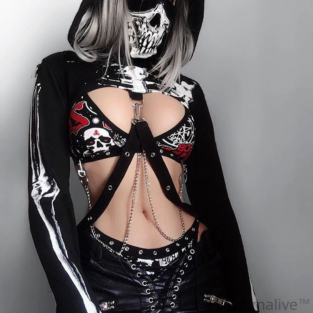 Sexy Chic Skull Mask Crop Top Women Gothic Black Hoodie Dark Festival Goth Clothes Long Sleeve Shirt Graphic Sweatshirt Pull Y2K