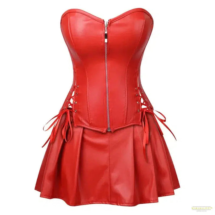 Sexy Faux Leather Corsets Skirt Set Overbust Burlesque Zipper Gothic Punk Bustier Women Steampunk Lace Up Corset Dress Plus Size