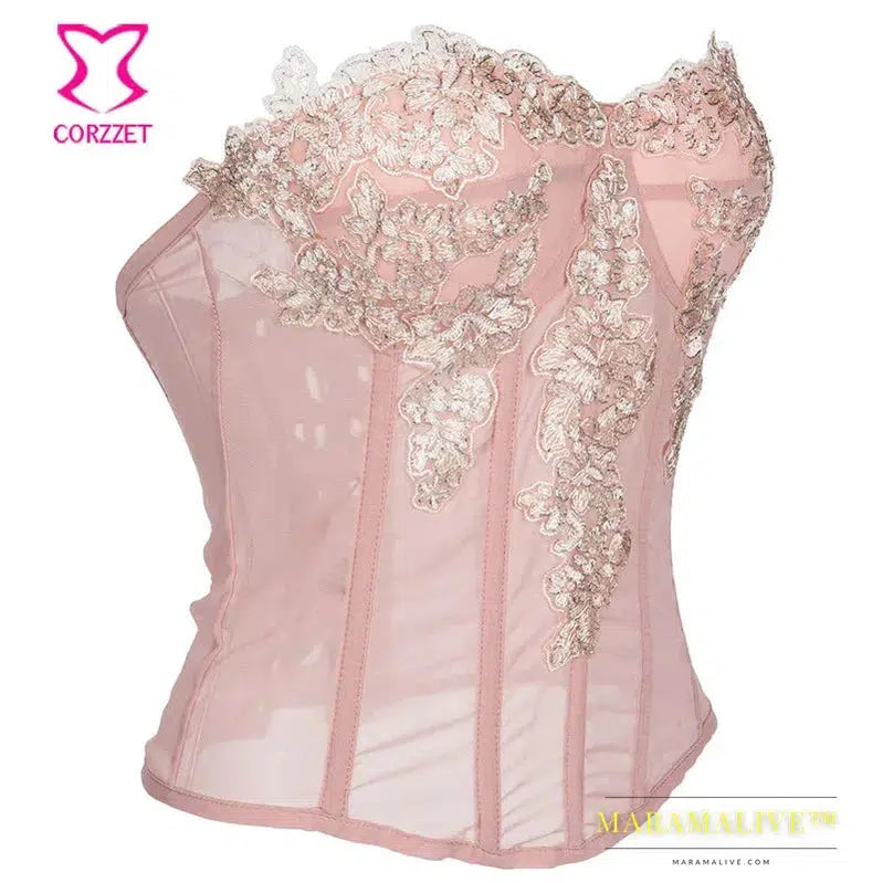 Sexy Gothic Pink Chiffon Lace Applique Overbust Corsets And Bustiers Sexy Lingerie Slimming Steampunk Corsets