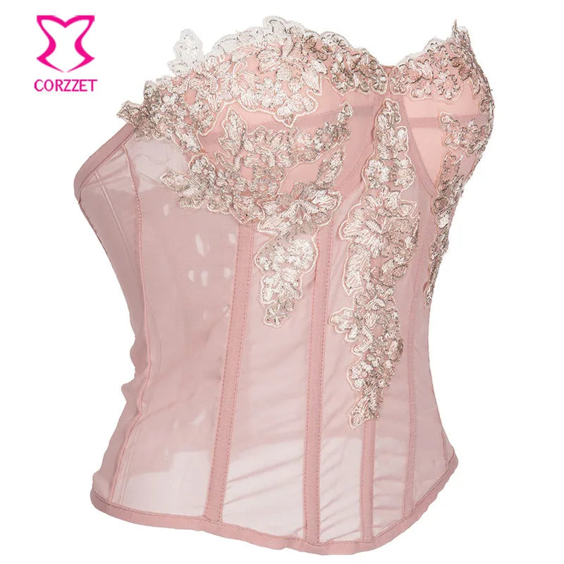 Sexy Gothic Pink Chiffon Lace Applique Overbust Corsets And Bustiers Sexy Lingerie Slimming Steampunk Corsets