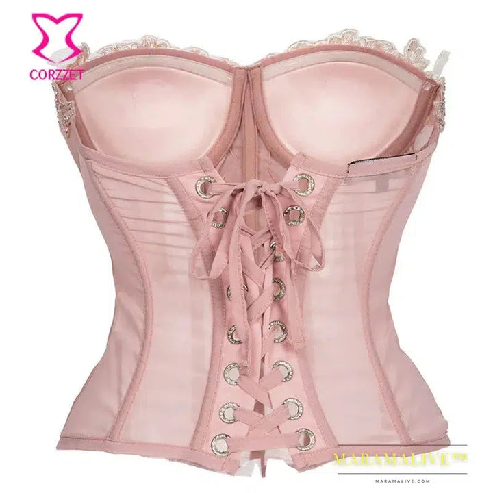 Sexy Gothic Pink Chiffon Lace Applique Overbust Corsets And Bustiers Sexy Lingerie Slimming Steampunk Corsets