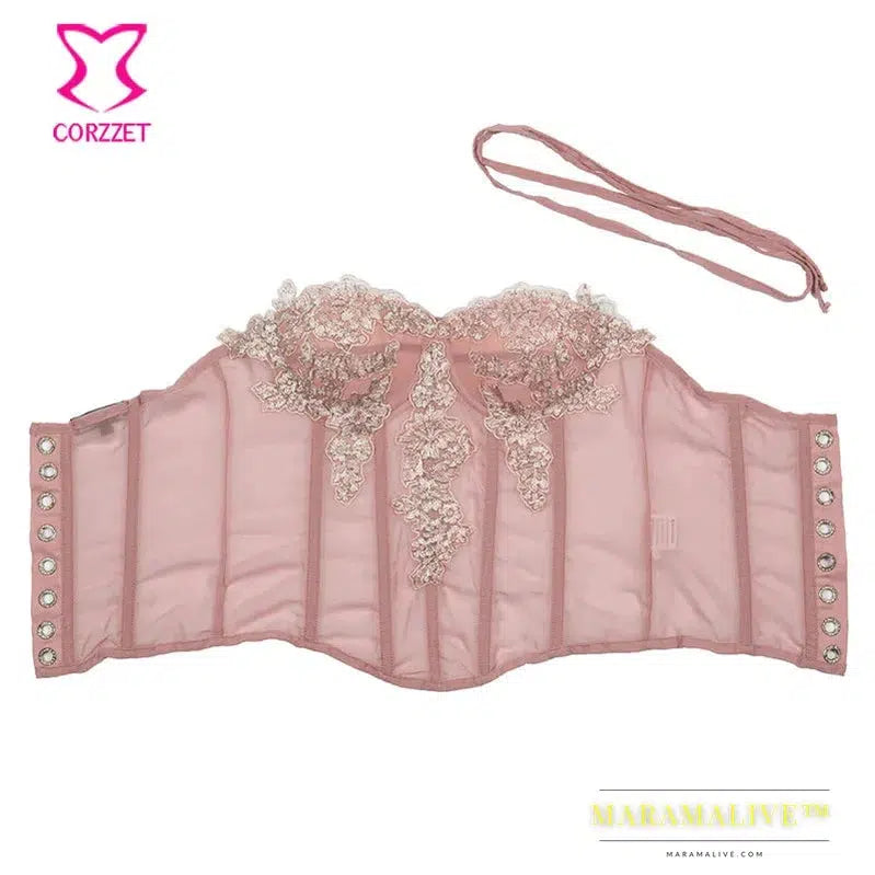 Sexy Gothic Pink Chiffon Lace Applique Overbust Corsets And Bustiers Sexy Lingerie Slimming Steampunk Corsets