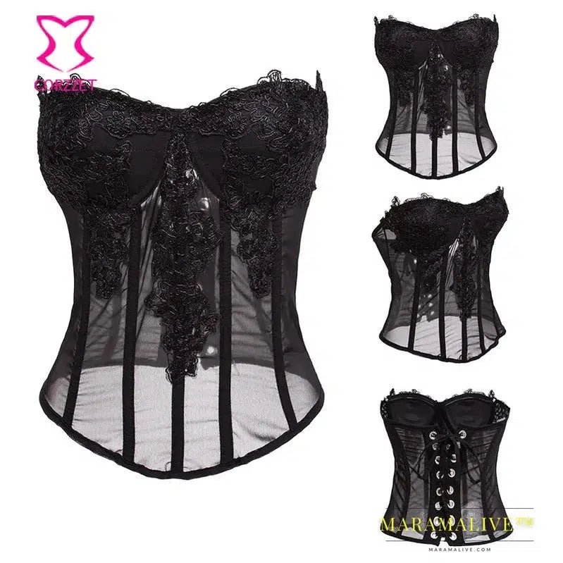 Sexy Gothic Pink Chiffon Lace Applique Overbust Corsets And Bustiers Sexy Lingerie Slimming Steampunk Corsets