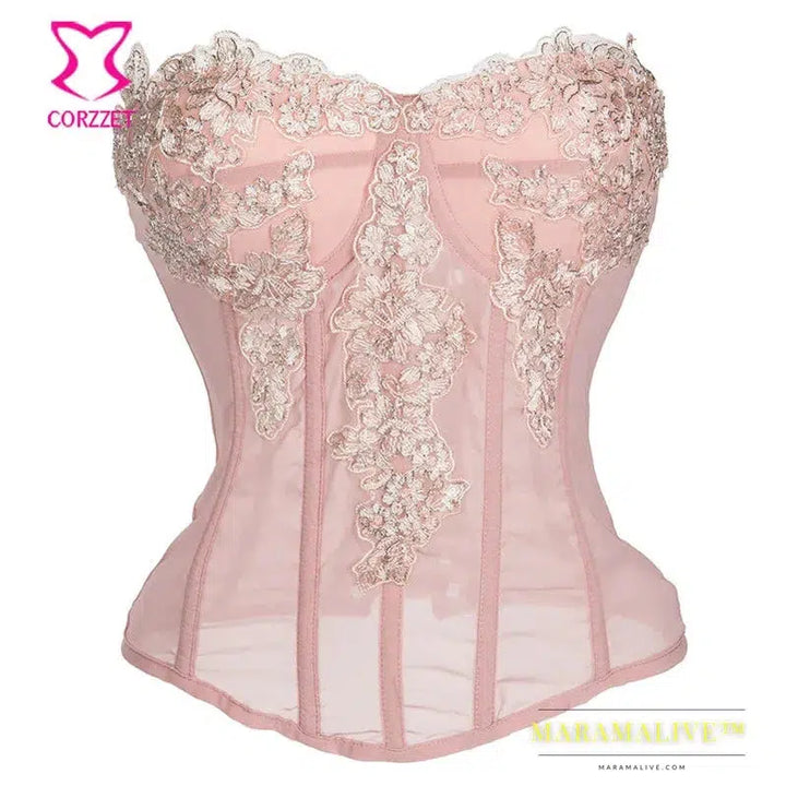 Sexy Gothic Pink Chiffon Lace Applique Overbust Corsets And Bustiers Sexy Lingerie Slimming Steampunk Corsets