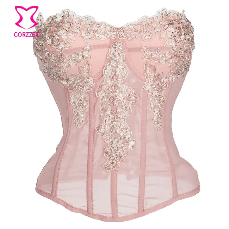 Sexy Gothic Pink Chiffon Lace Applique Overbust Corsets And Bustiers Sexy Lingerie Slimming Steampunk Corsets