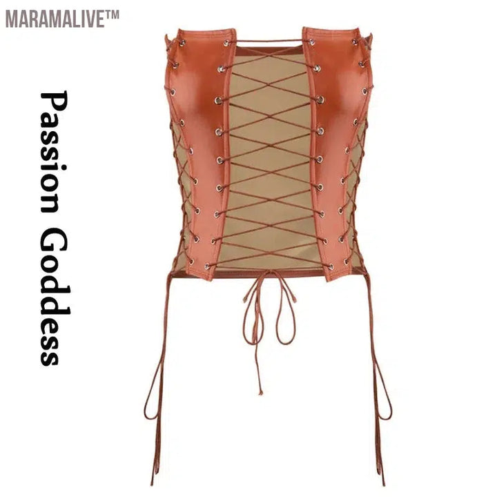 Sexy Gothic Women PU Leather Corsets Bustiers Lace-up Bandage Crown Girdle Slim Waist Back Zipper Strap Corset Tops Curve Shaper