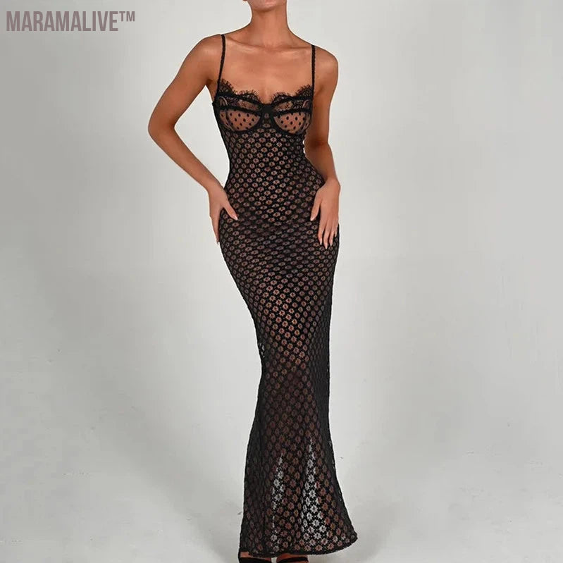 Sexy Halter Bodice Dress Fashion Lace Backless Polka Dot Dress Women's Black Floor-Length Dress Elegant Mesh See Through Dresses