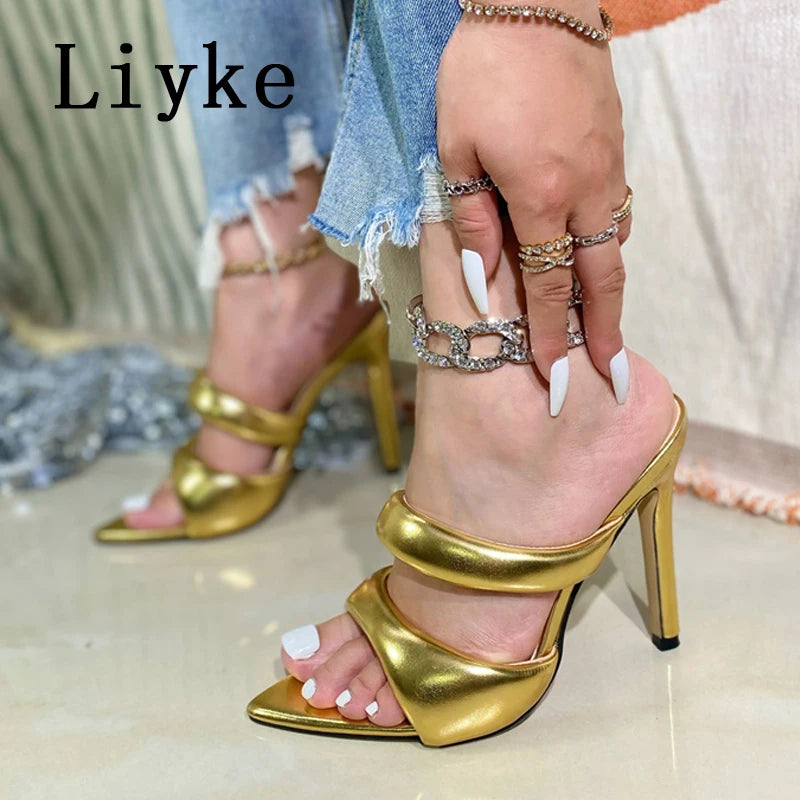 Sexy High Heels Slipper For Women Summer Cozy PU Leather Narrow Band Pointed Toe Slides Stripper Party Sandal Mule Shoes