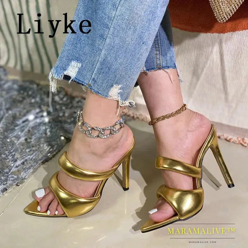 Sexy High Heels Slipper For Women Summer Cozy PU Leather Narrow Band Pointed Toe Slides Stripper Party Sandal Mule Shoes