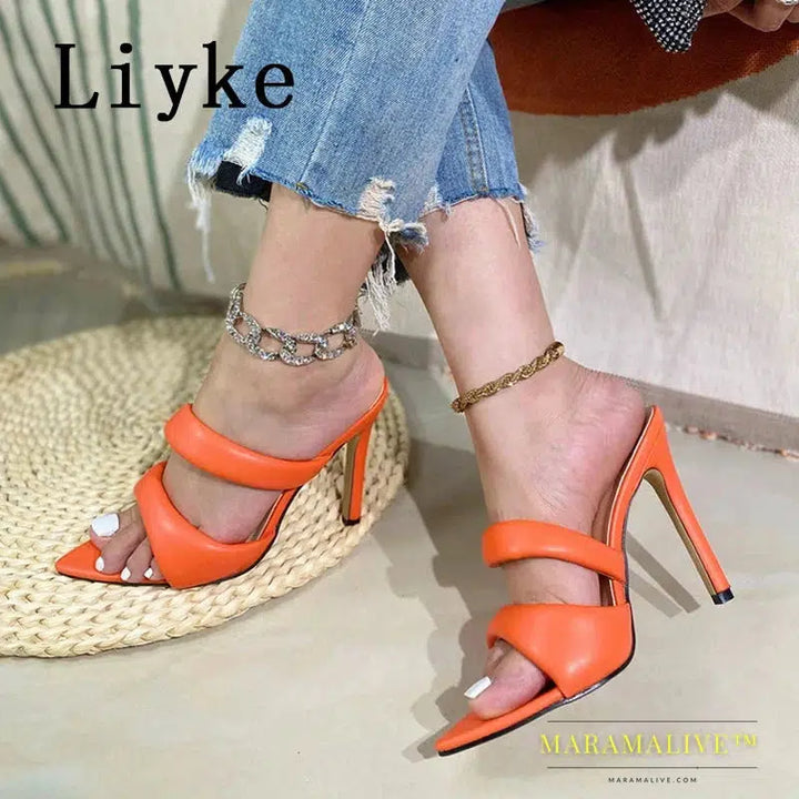 Sexy High Heels Slipper For Women Summer Cozy PU Leather Narrow Band Pointed Toe Slides Stripper Party Sandal Mule Shoes