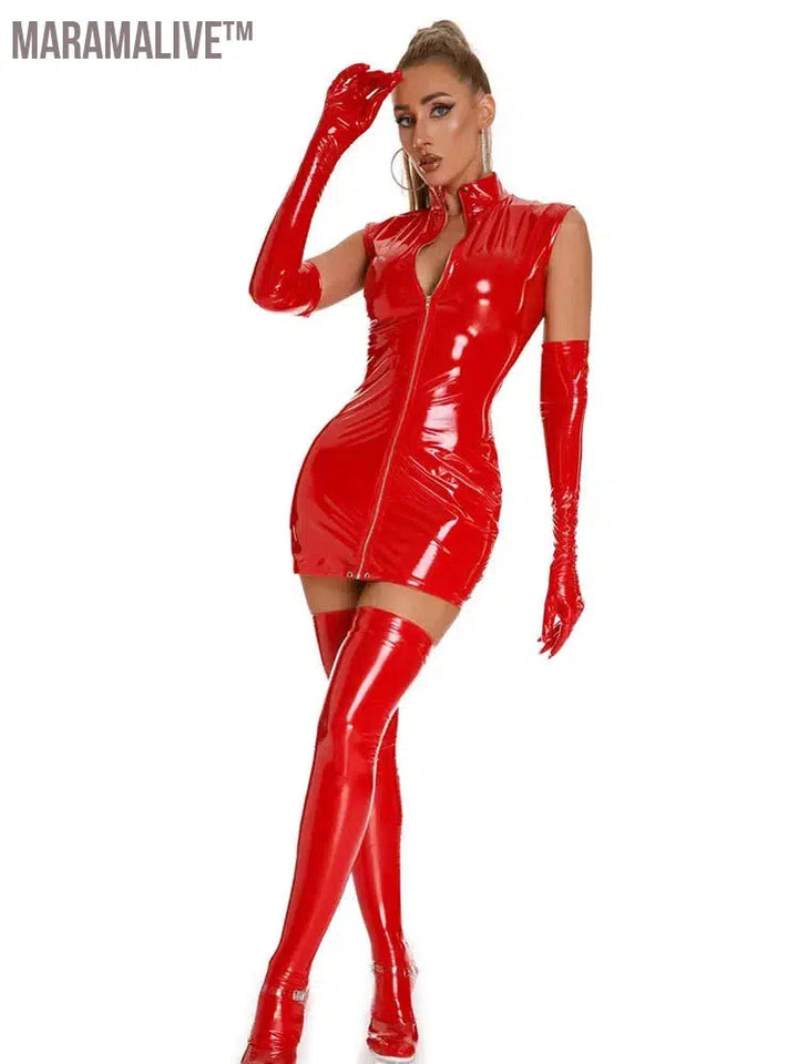 Sexy Latex PU Micro Mini Dress Shiny Zipper Open Bust Sleeveless Costume Tight Dress Elastic Bodycon Pack Hip Leotard Dress