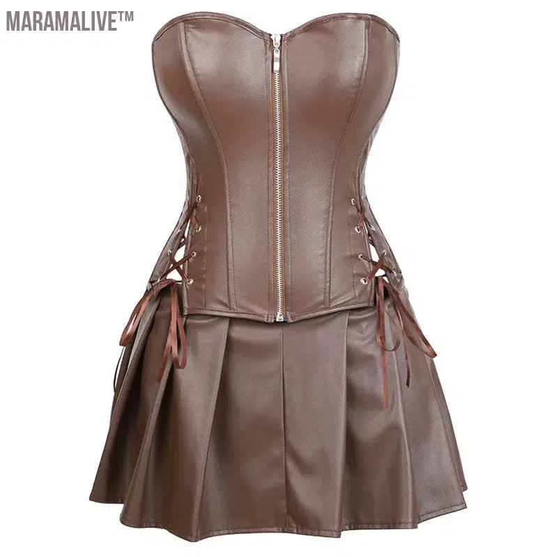 Sexy Leather Dresses Corsets Skirt Burlesque Front Zipper Gothic Punk Steampunk Bustier Corset Overbust Korsett Plus Size Brown