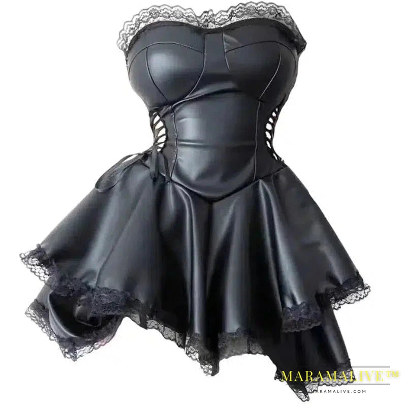 Sexy Leather Sheath Dress Strapless A-line Solid Lace Up Ruffles Dress Fashion Women PU Spliced Lace Sensual Dress