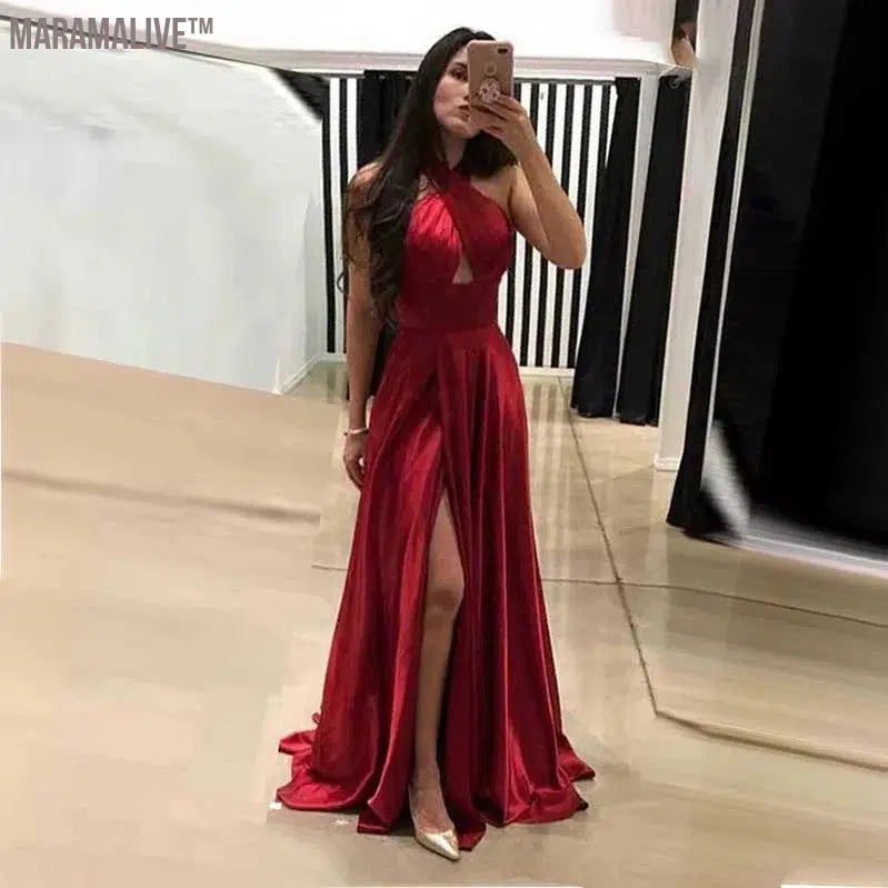 Sexy Long Burgundy Prom Dresses for Women Satin Sleeveless Floor-Length Side Slit Formal Occasion