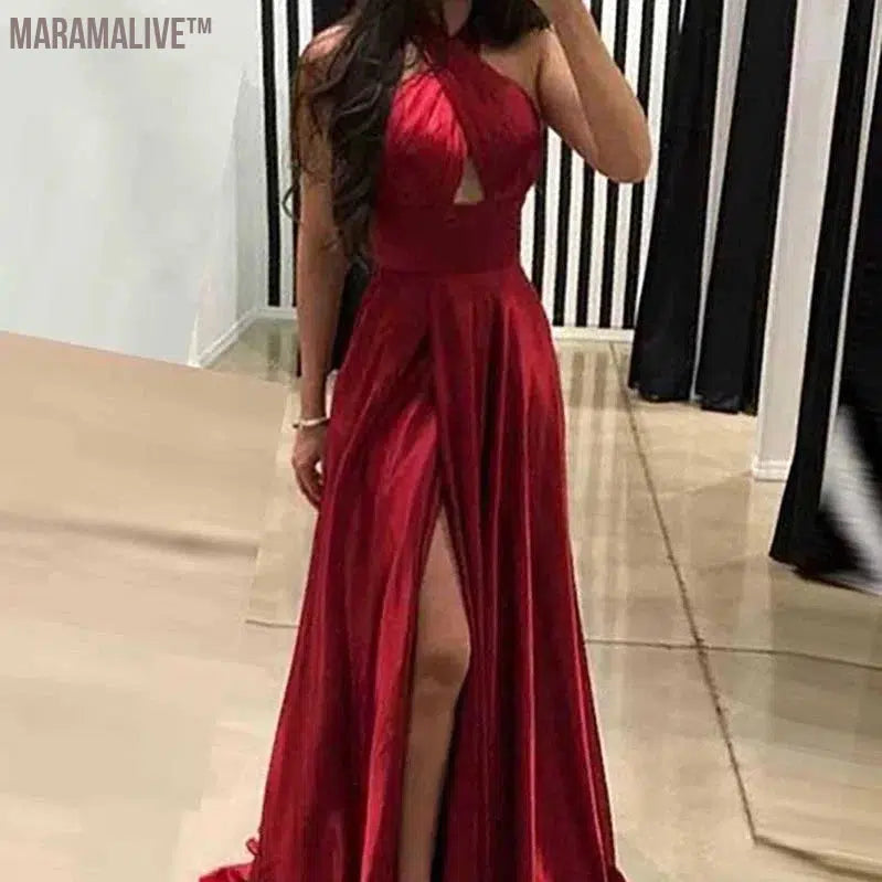 Sexy Long Burgundy Prom Dresses for Women Satin Sleeveless Floor-Length Side Slit Formal Occasion