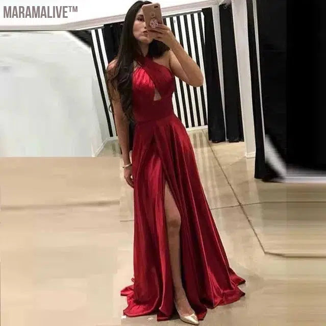 Sexy Long Burgundy Prom Dresses for Women Satin Sleeveless Floor-Length Side Slit Formal Occasion