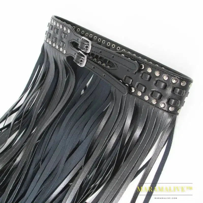 Sexy Long Fringe Leather Belts Black Designer Ceinture Femme Studs Punk Double Pin Buckle Plus Size Waistband Women S/M/L/Xl