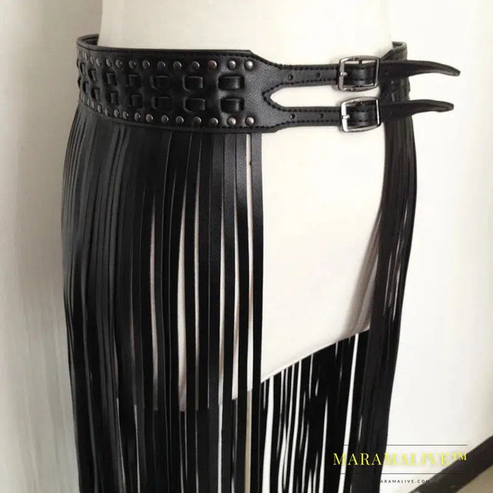 Sexy Long Fringe Leather Belts Black Designer Ceinture Femme Studs Punk Double Pin Buckle Plus Size Waistband Women S/M/L/Xl