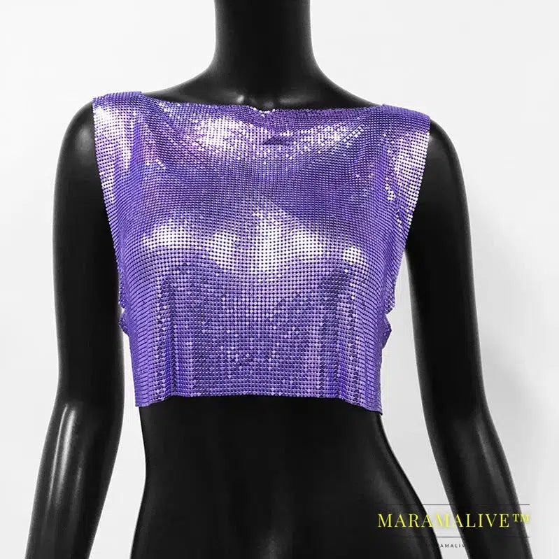 Sexy Metal Sequin Tank Top For Women y2k Summer Beach Backless Crop Top Rave Festival Club Outfits Camisole