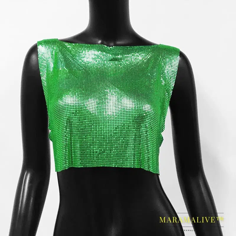 Sexy Metal Sequin Tank Top For Women y2k Summer Beach Backless Crop Top Rave Festival Club Outfits Camisole