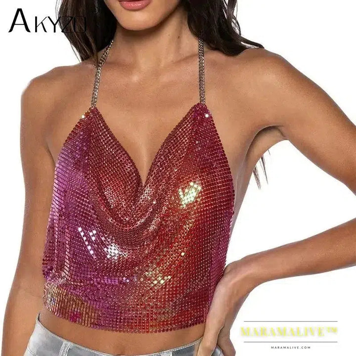 Sexy Metal Sequins Tank Top For Women Summer V Neck Backless Crop Tops Luxury Solid Short Party Nightclub Tank Tops