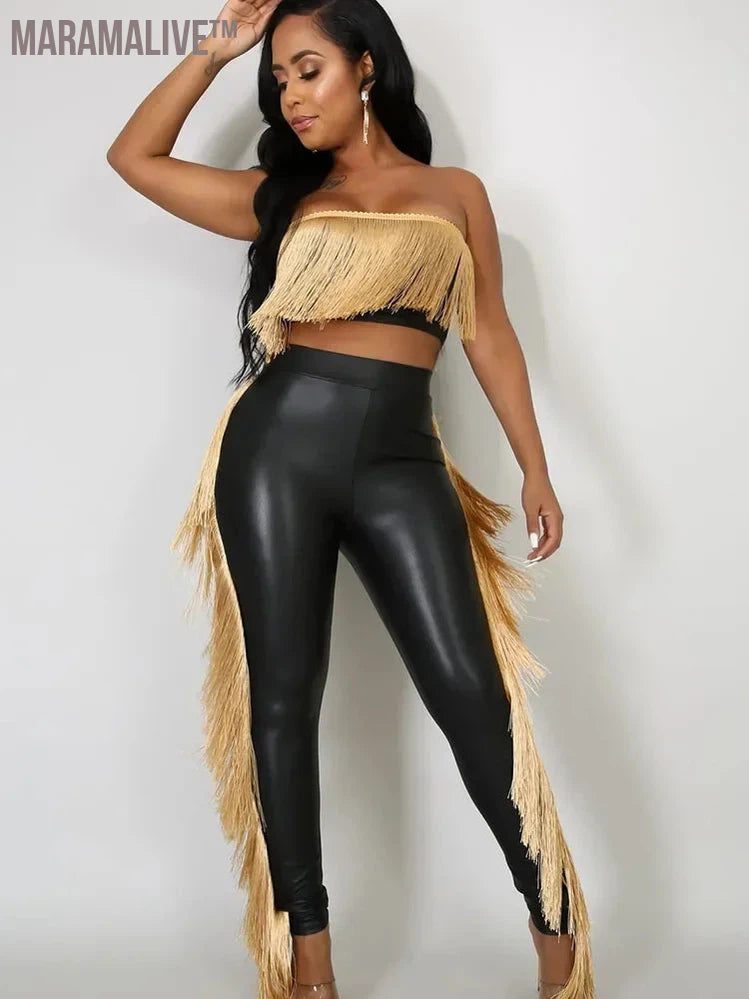 Sexy Metallic Tassels Pants Set Women 2 Piece Birthday Outfits Clubwear Strapless Crop Top and Pants Matching Sets Y2k Mujer