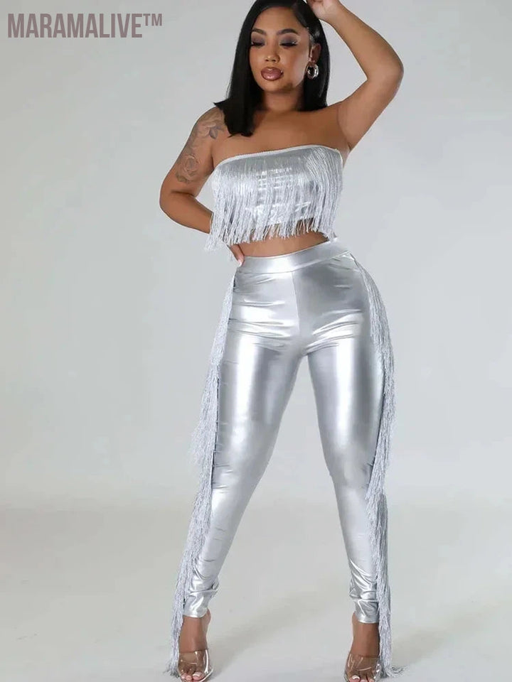 Sexy Metallic Tassels Pants Set Women 2 Piece Birthday Outfits Clubwear Strapless Crop Top and Pants Matching Sets Y2k Mujer