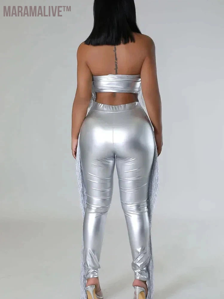 Sexy Metallic Tassels Pants Set Women 2 Piece Birthday Outfits Clubwear Strapless Crop Top and Pants Matching Sets Y2k Mujer