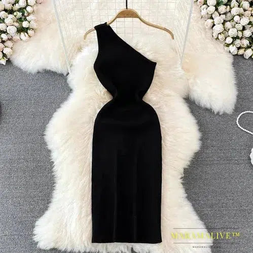 Sexy One Shoulder Crochet Dress Chic Knitted Elegant Midi Fashion Party Club Dresses Slim Goth Women Sundress