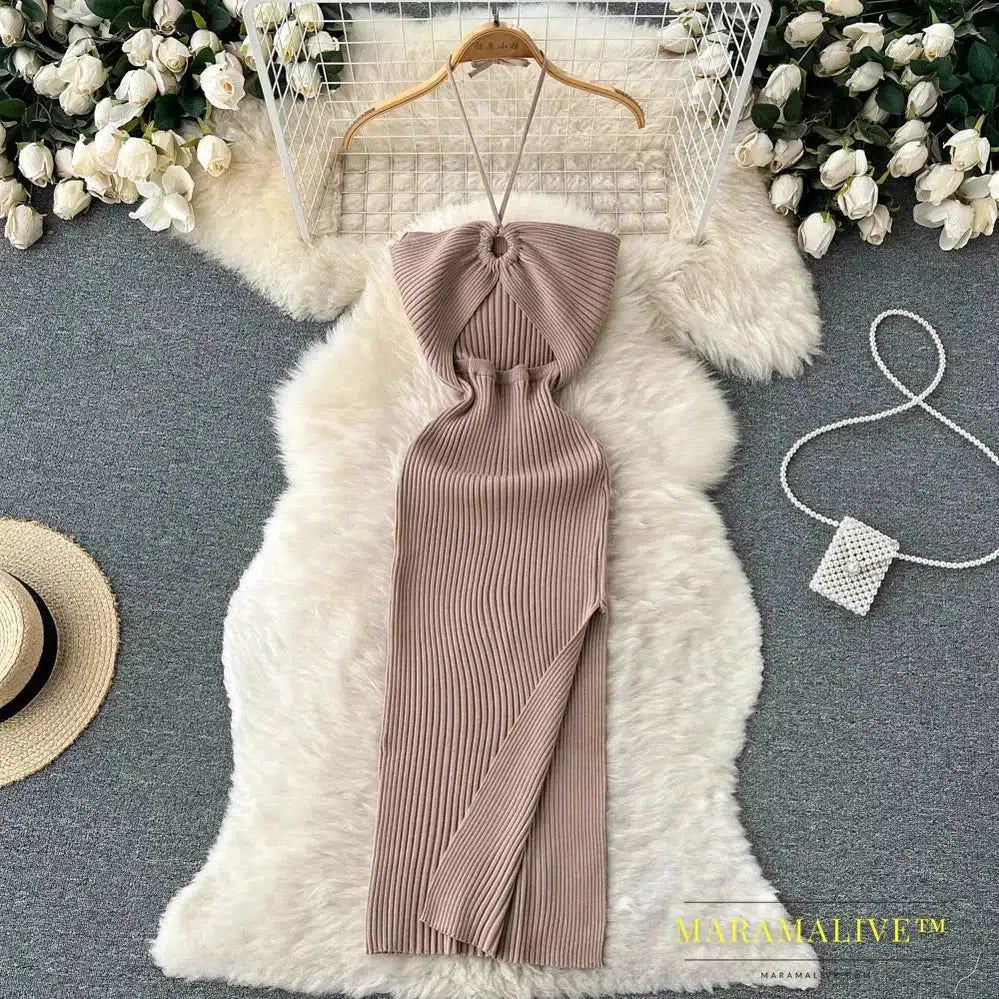 Sexy One Shoulder Crochet Dress Chic Knitted Elegant Midi Fashion Party Club Dresses Slim Goth Women Sundress