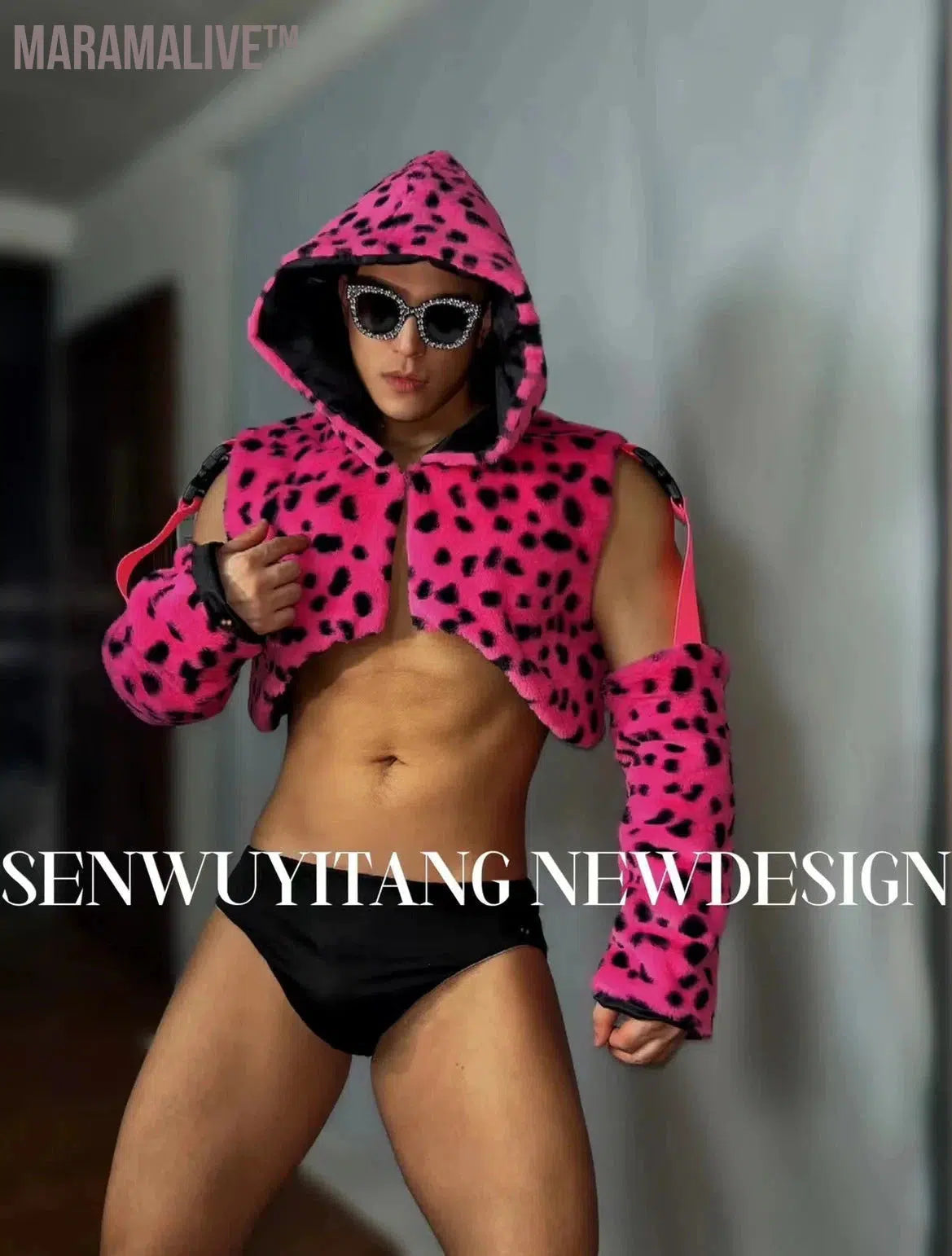 Sexy Pink Leopard Hooded Feather Fur Jacket Shorts Outfits Male Female Sets Bar Nightclub Singer Hip Hop Jazz Dance Stage Wear