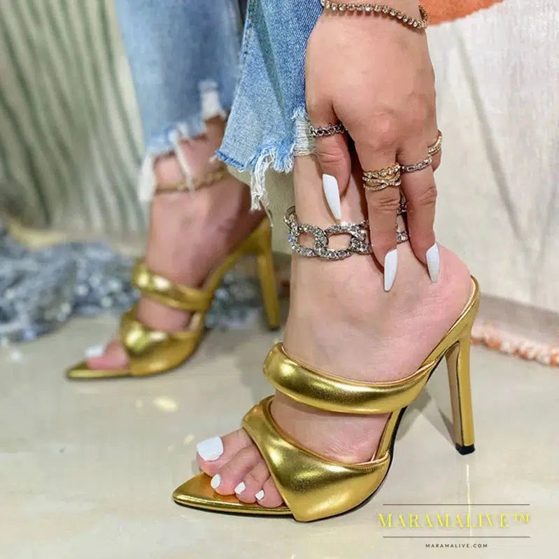 Sexy Pointed Toe Golden High Heels Women Slippers Cozy PU Leather Summer Party Banquet Shoes Ladies Sandals