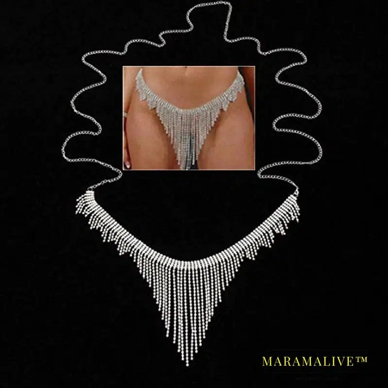 Sexy Rhinestone Tassel Underwear Thong Panties For Women Crystal Body Chain Jewelry Hide-it Jewelry Valentine's Gift