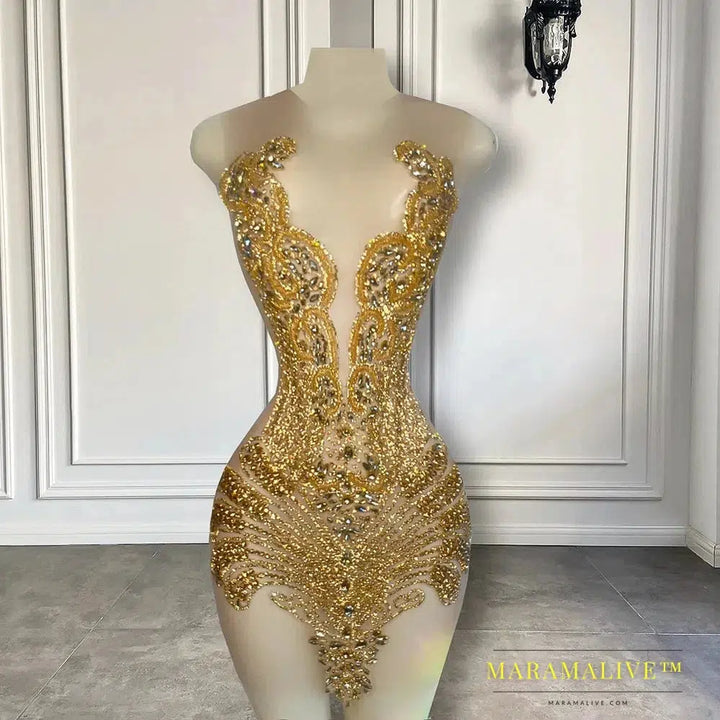 Sexy Sheer See Through Black Girl Short Prom Dress Golden Diamond Luxury Beaded Crystals Women Cocktail Party Gowns For Birthday