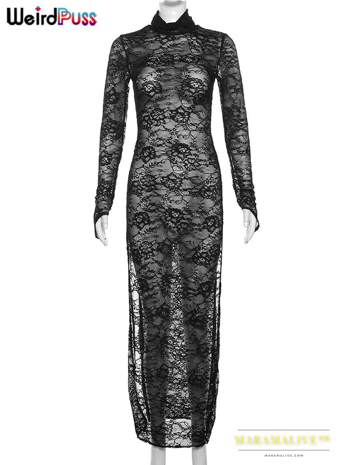 Sexy Side Split Dress Women Midnight Coquette See Through Full Sleeve Turtleneck Maxi Lace Bodycon Clubwear Vestidos