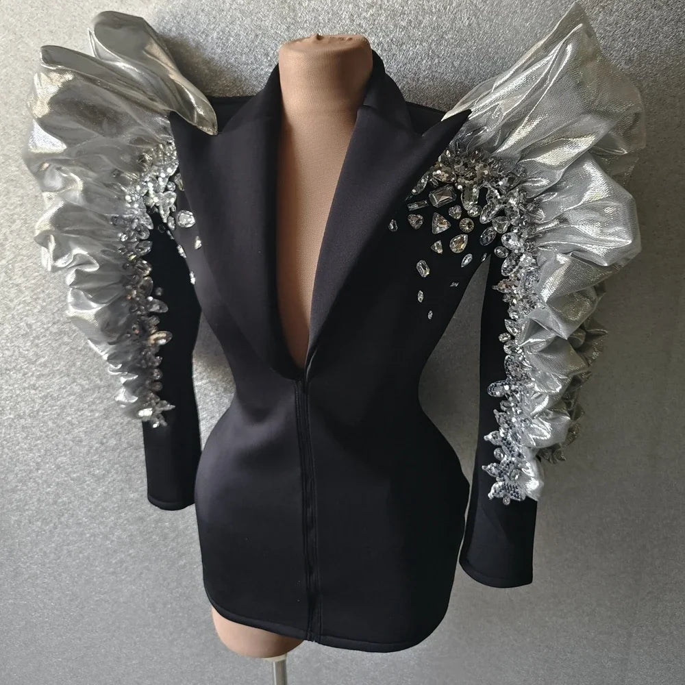 Sexy Singer Black Jacket - Sparkly Sequins & Rhinestones - Big Sleeves Dancer Nightclub Jazz Dance Costume Performance Show Stage Wear