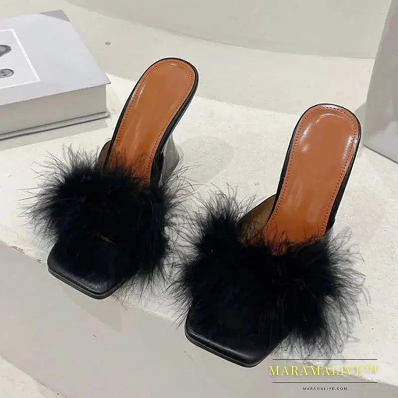 Sexy Strange Transparent Heels Slippers Fashion Fur Feather Summer Sandals Peep Toe Slip-On Clear Shoes Women Slides