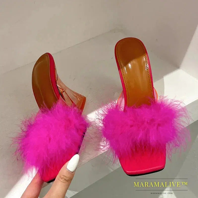 Sexy Strange Transparent Heels Slippers Fashion Fur Feather Summer Sandals Peep Toe Slip-On Clear Shoes Women Slides