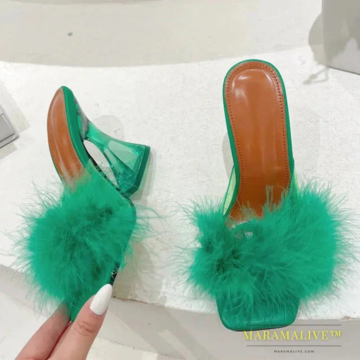 Sexy Strange Transparent Heels Slippers Fashion Fur Feather Summer Sandals Peep Toe Slip-On Clear Shoes Women Slides