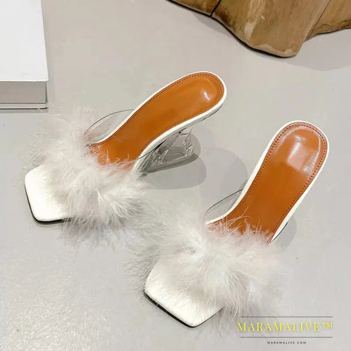 Sexy Strange Transparent Heels Slippers Fashion Fur Feather Summer Sandals Peep Toe Slip-On Clear Shoes Women Slides