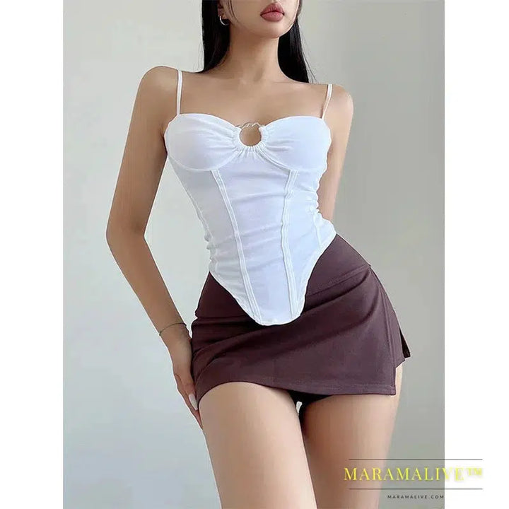 Sexy Tight Fishbone Chest Hollow Metal Strap Tank Top Hot Sexy Women Tank Tops 2024 Summer Fashion