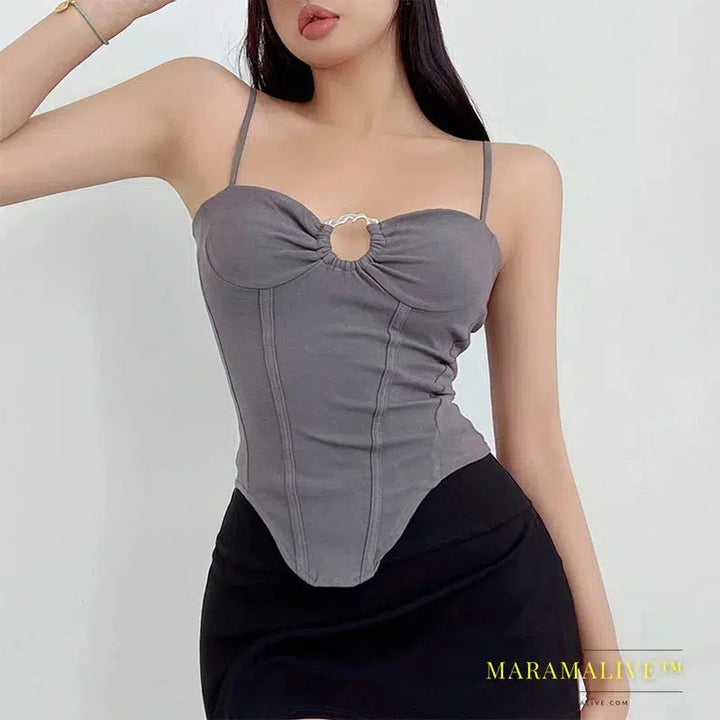 Sexy Tight Fishbone Chest Hollow Metal Strap Tank Top Hot Sexy Women Tank Tops 2024 Summer Fashion