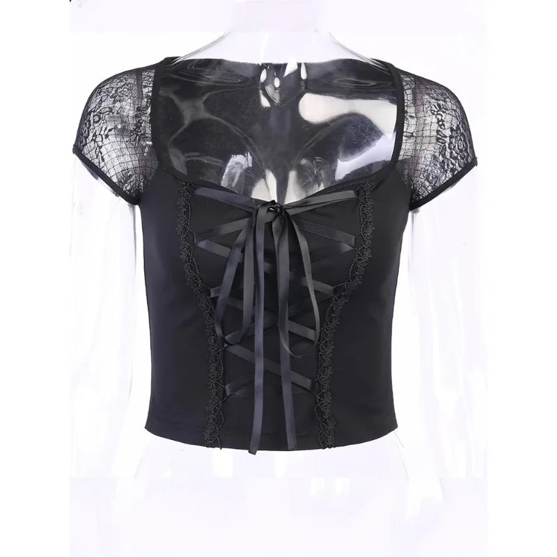 Sexy Tops Goth T Shirt Women Bodycon Bandage Lace Black T Shirts Gothic Streetwear Sexy Female Top Casual Mesh Tee