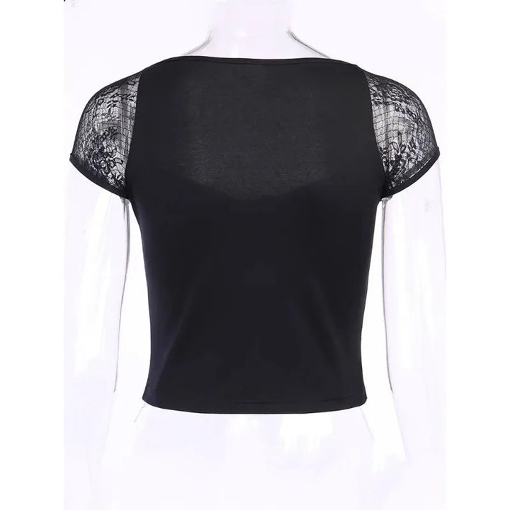 Sexy Tops Goth T Shirt Women Bodycon Bandage Lace Black T Shirts Gothic Streetwear Sexy Female Top Casual Mesh Tee