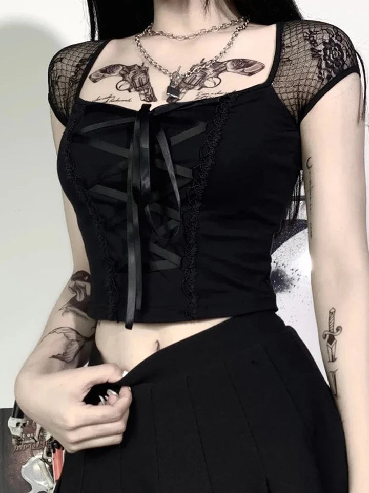 Sexy Tops Goth T Shirt Women Bodycon Bandage Lace Black T Shirts Gothic Streetwear Sexy Female Top Casual Mesh Tee