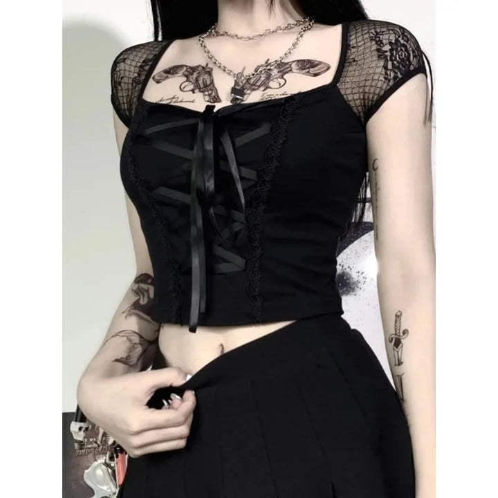 Sexy Tops Goth T Shirt Women Bodycon Bandage Lace Black T Shirts Gothic Streetwear Sexy Female Top Casual Mesh Tee