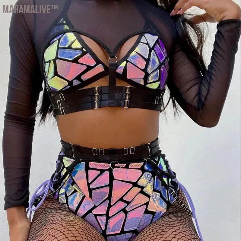 Sexy Women Clothing Purple Laser Mirrors Bikini/Bodysuit Mesh Socks Set Dancer Stage Singer Nightclub Bar Party Show Rave Suit